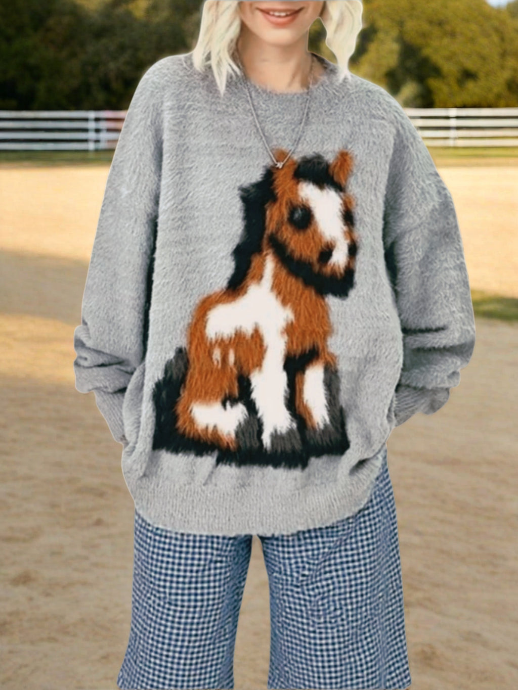 Fuzzy Pony Intarsia Oversized Knit Sweater - Grey