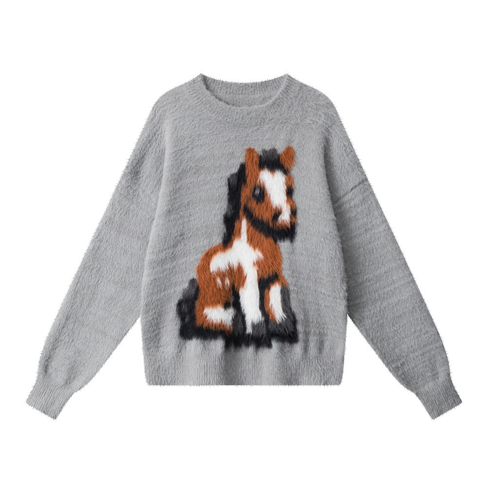Fuzzy Pony Intarsia Oversized Knit Sweater - Grey - 1