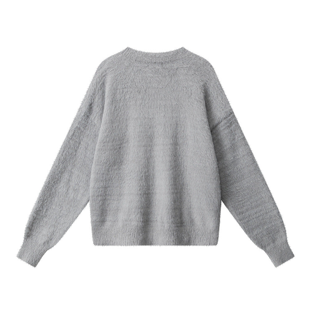 Fuzzy Pony Intarsia Oversized Knit Sweater - Grey - 2