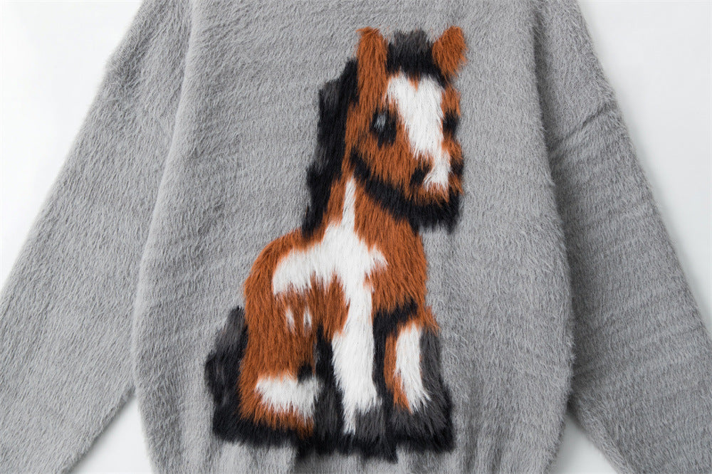 Fuzzy Pony Intarsia Oversized Knit Sweater - Grey - 3