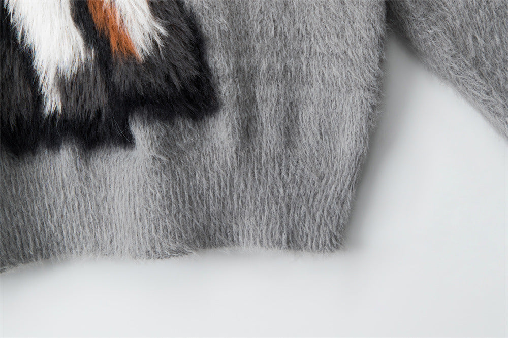 Fuzzy Pony Intarsia Oversized Knit Sweater - Grey - 4