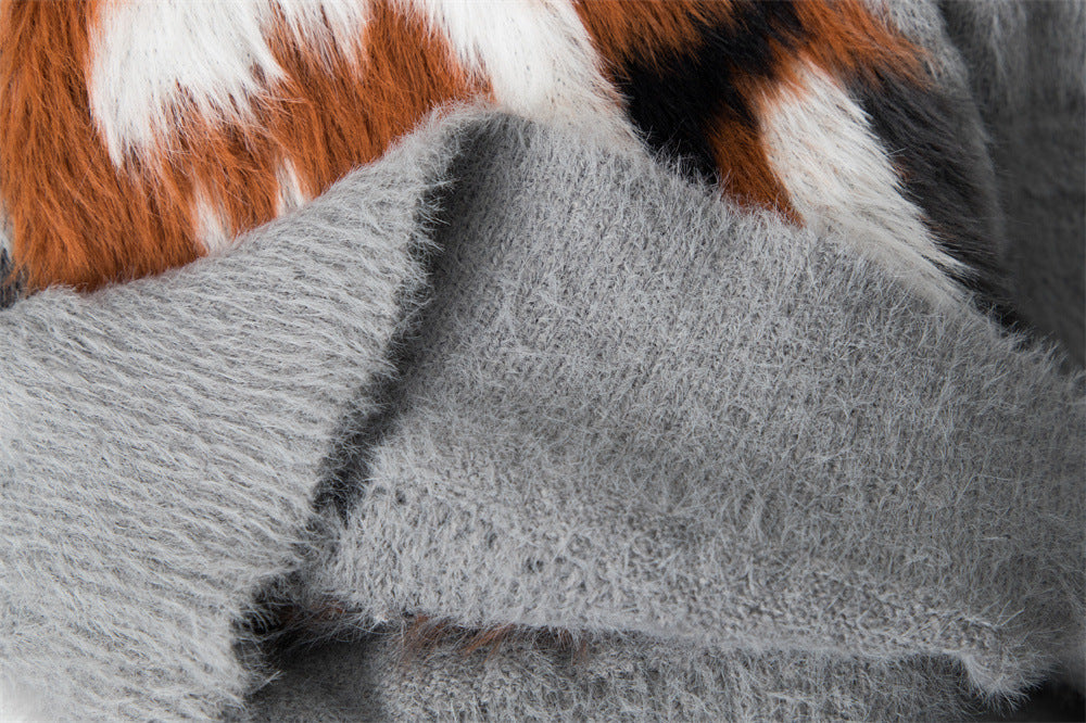 Fuzzy Pony Intarsia Oversized Knit Sweater - Grey - 5