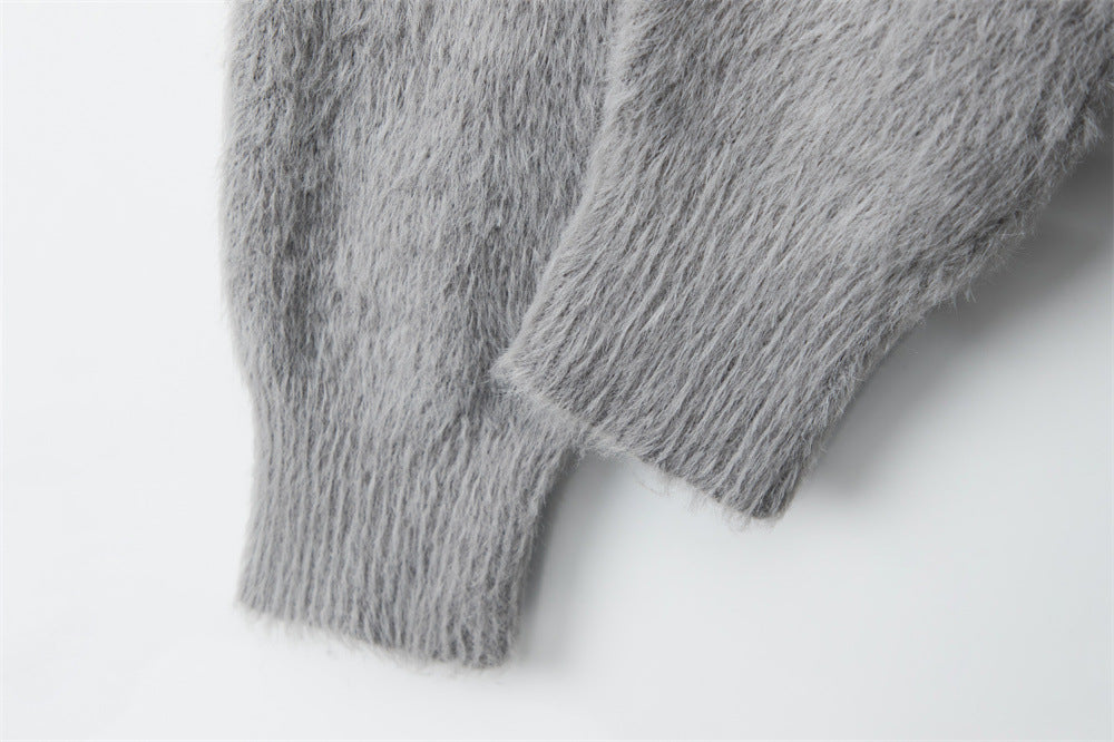 Fuzzy Pony Intarsia Oversized Knit Sweater - Grey - 6