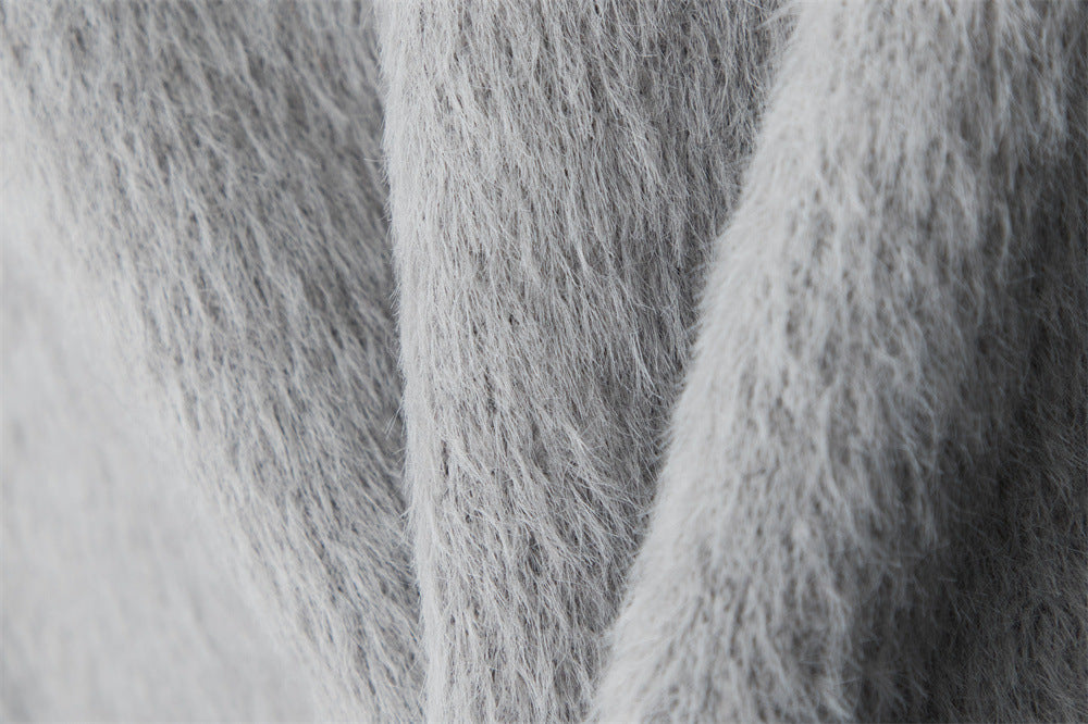 Fuzzy Pony Intarsia Oversized Knit Sweater - Grey - 7