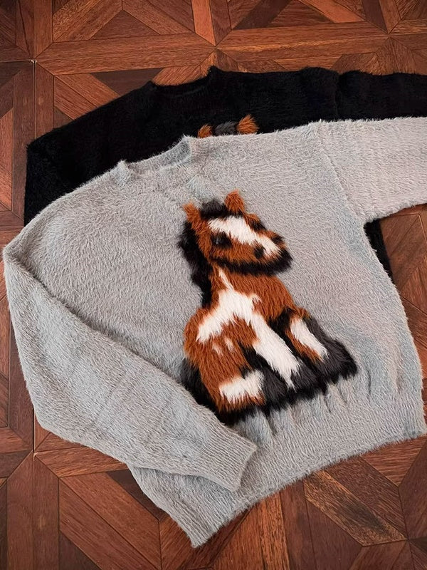 Fuzzy Pony Intarsia Oversized Knit Sweater - Grey - 8
