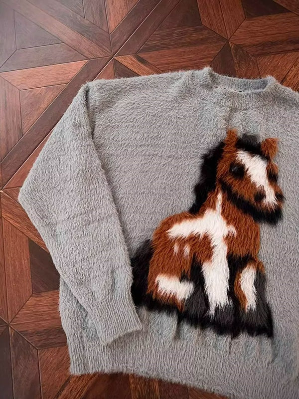 Fuzzy Pony Intarsia Oversized Knit Sweater - Grey - 9