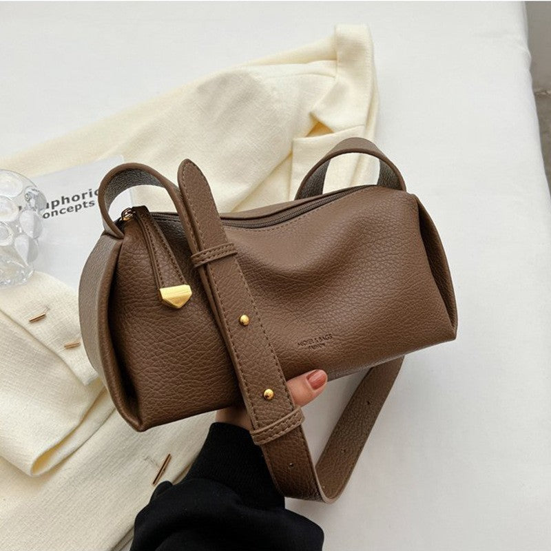 Soft Pebbled Barrel Shoulder Bag - Brown