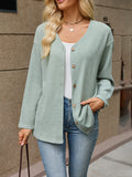 Ribbed V-Neck Cardigan With Patch Pockets - Green
