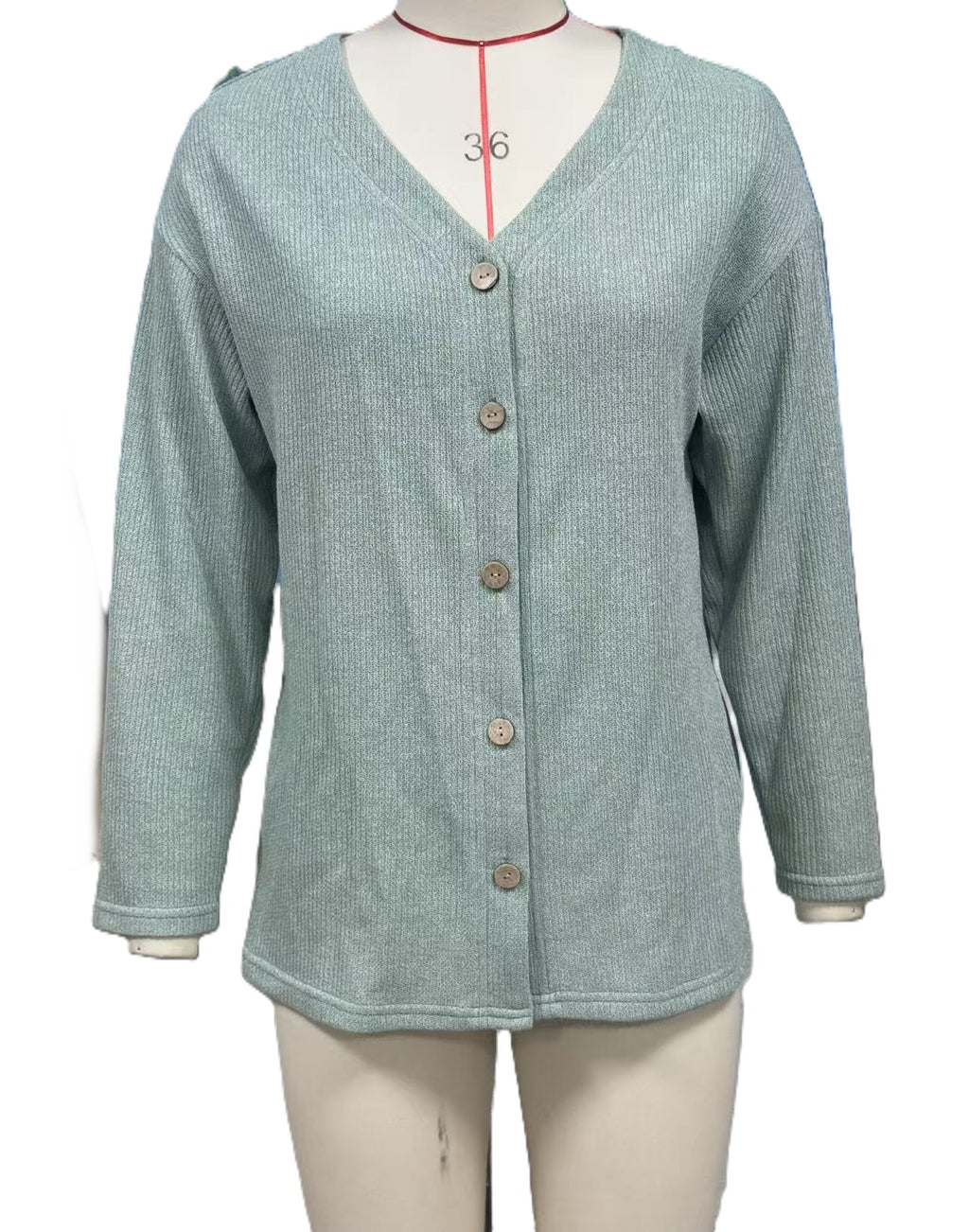 Ribbed V-Neck Cardigan With Patch Pockets - Green - 1