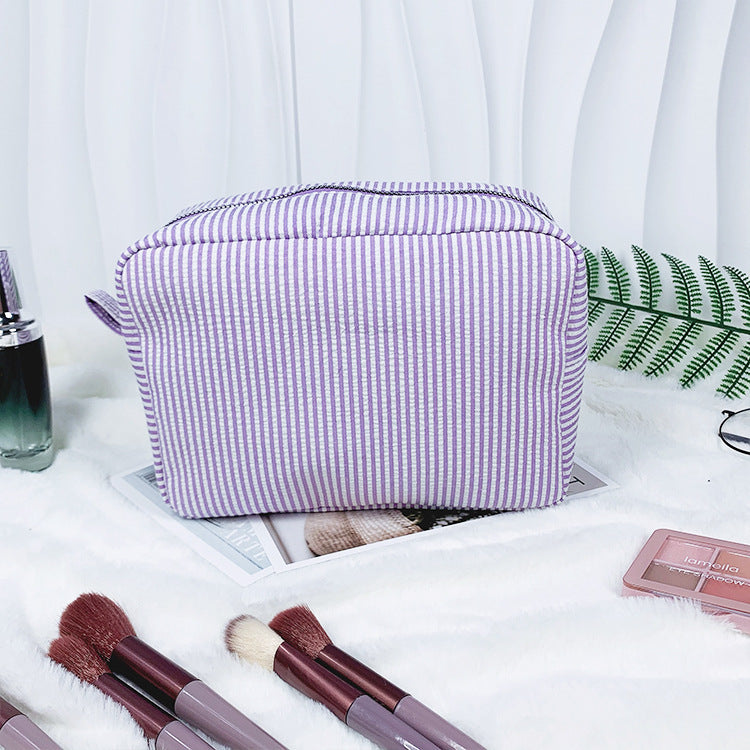 Striped Seersucker Zip Pouch Clutch Bag - Purple