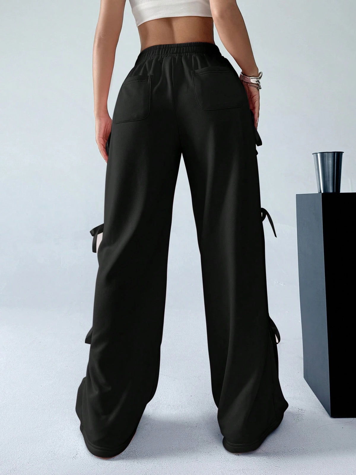 Ribbon Bow Wide Leg Sweatpants - Black - 1