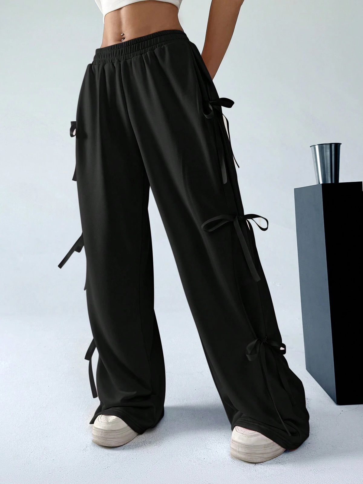 Ribbon Bow Wide Leg Sweatpants - Black - 2