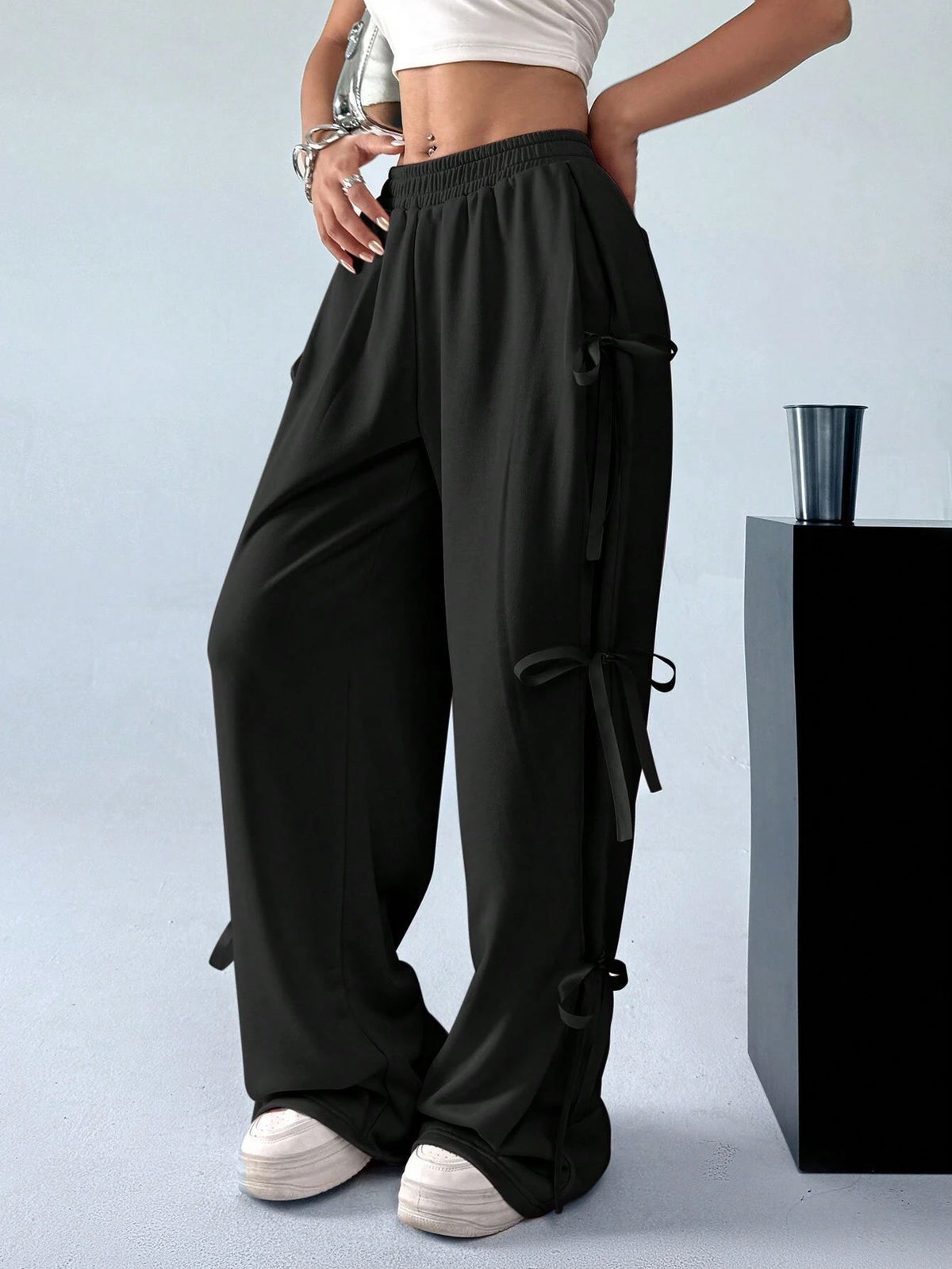 Ribbon Bow Wide Leg Sweatpants - Black - 3