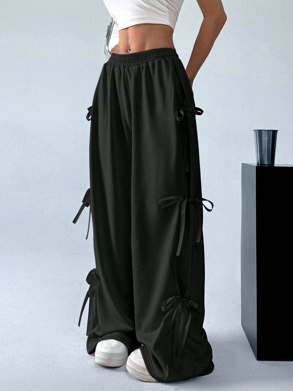 Ribbon Bow Wide Leg Sweatpants - Black - 4