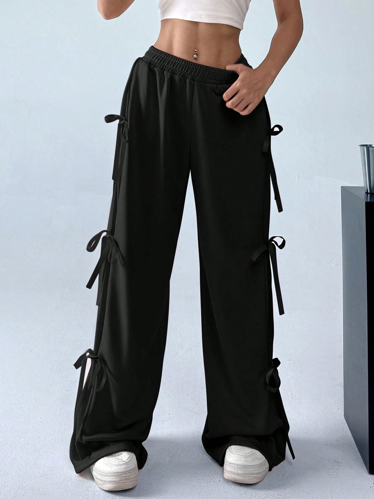 Ribbon Bow Wide Leg Sweatpants - Black - 5