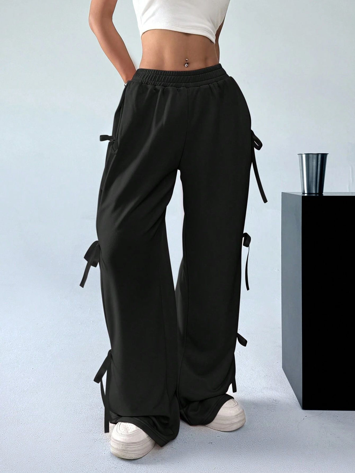 Ribbon Bow Wide Leg Sweatpants - Black - 6