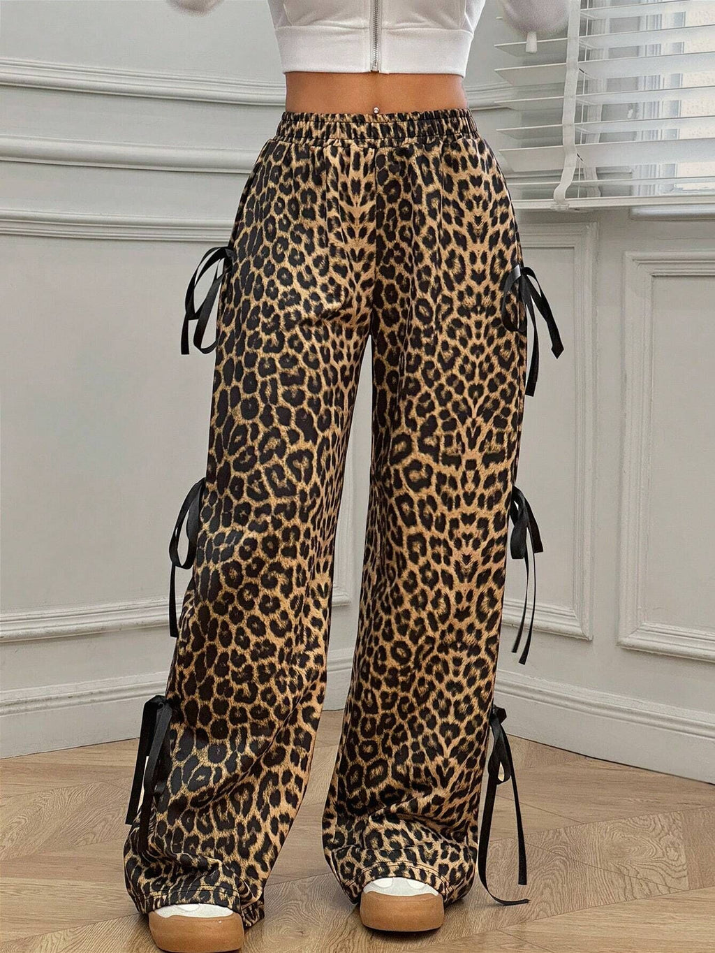 Ribbon Bow Wide Leg Sweatpants - Leopard - 1