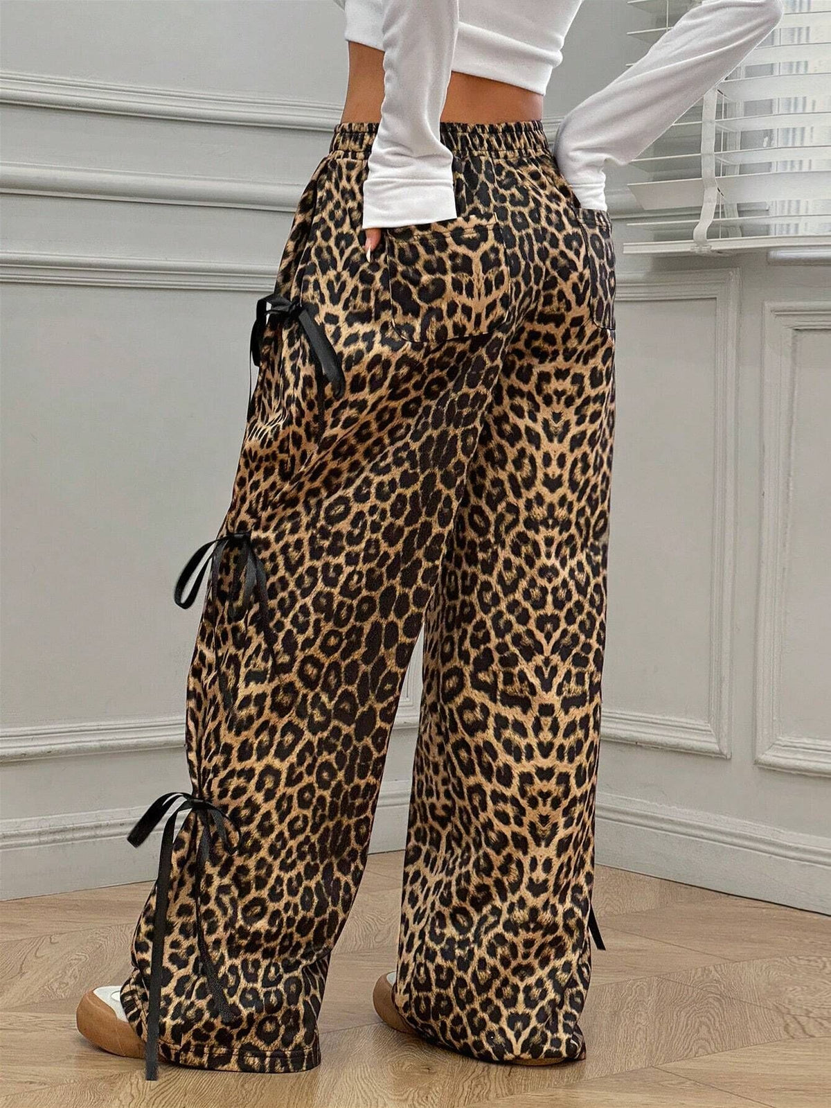Ribbon Bow Wide Leg Sweatpants - Leopard - 2
