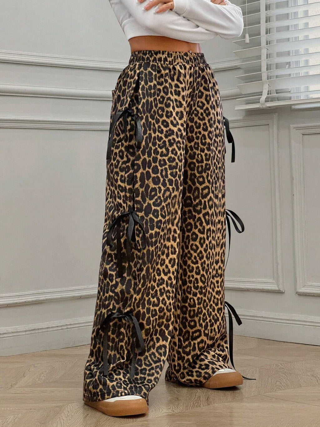 Ribbon Bow Wide Leg Sweatpants - Leopard - 3