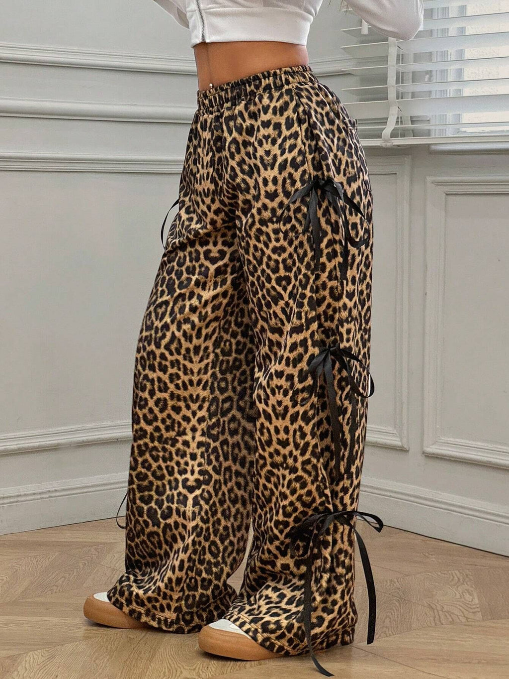 Ribbon Bow Wide Leg Sweatpants - Leopard - 4