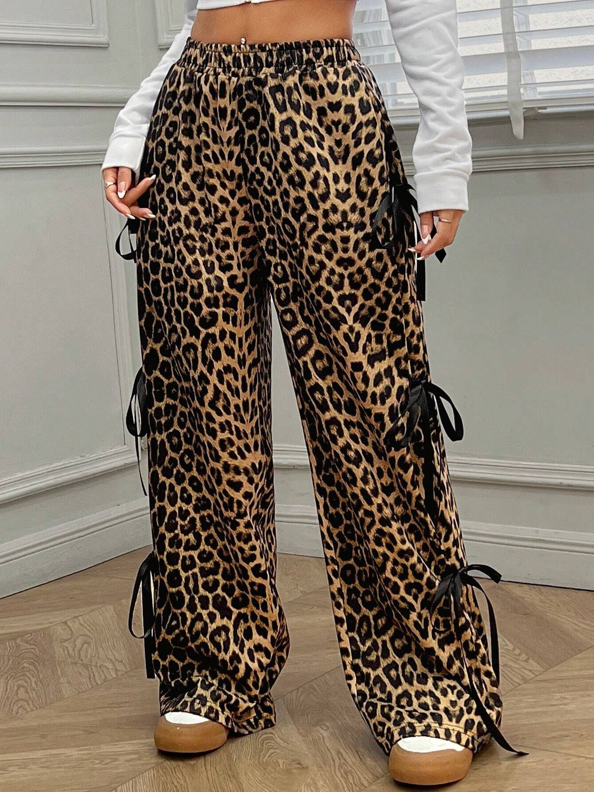 Ribbon Bow Wide Leg Sweatpants - Leopard - 5