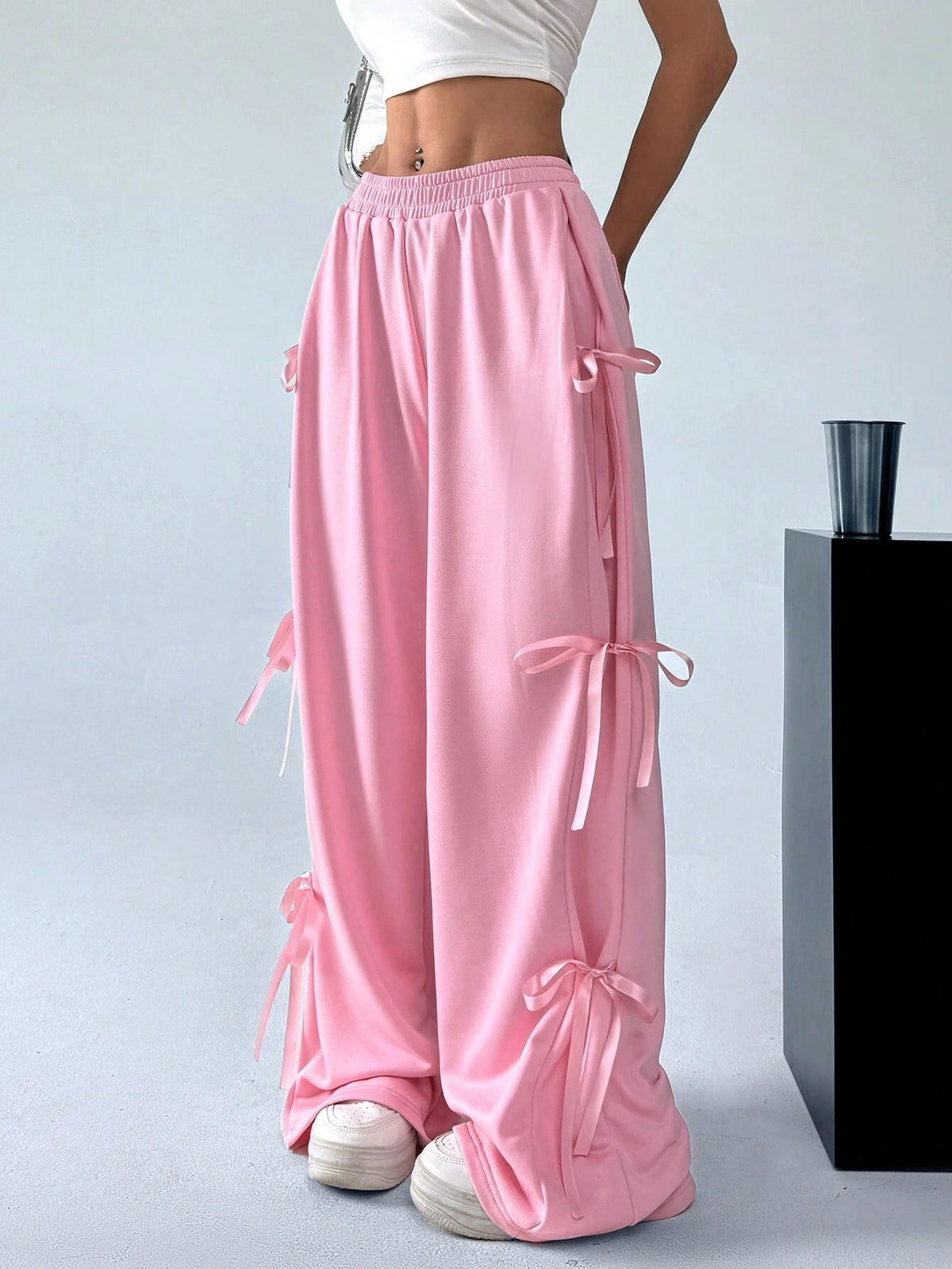 Ribbon Bow Wide Leg Sweatpants - Pink - 1