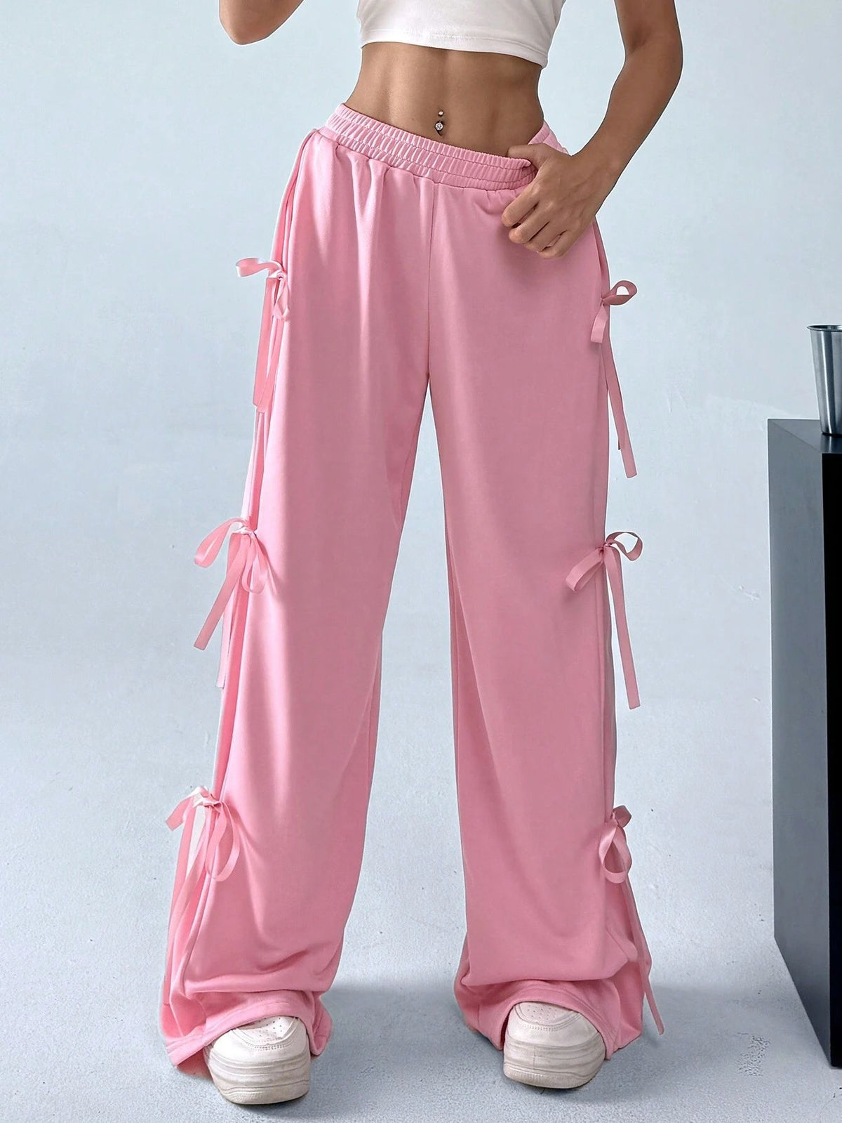 Ribbon Bow Wide Leg Sweatpants - Pink - 2