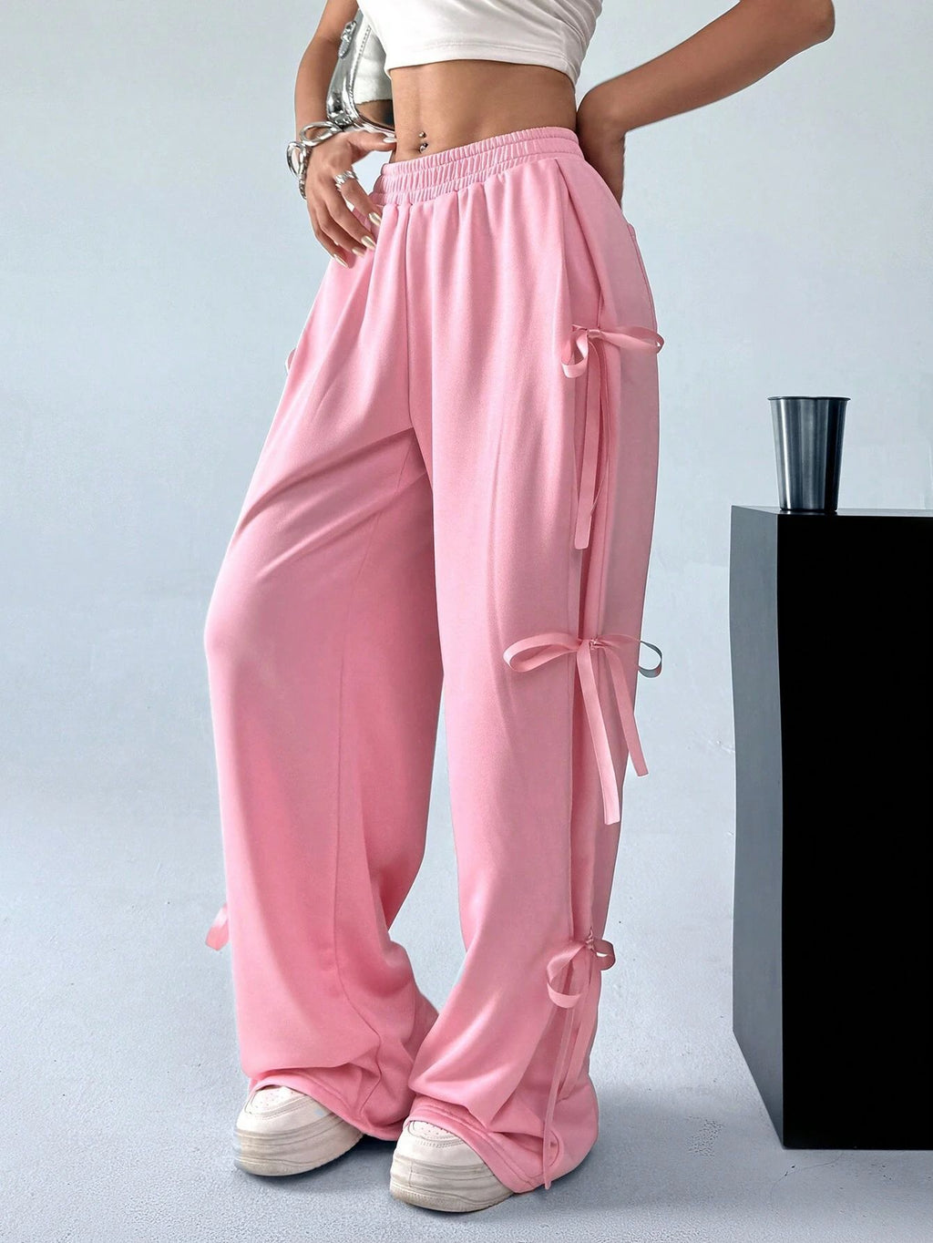 Ribbon Bow Wide Leg Sweatpants - Pink - 3