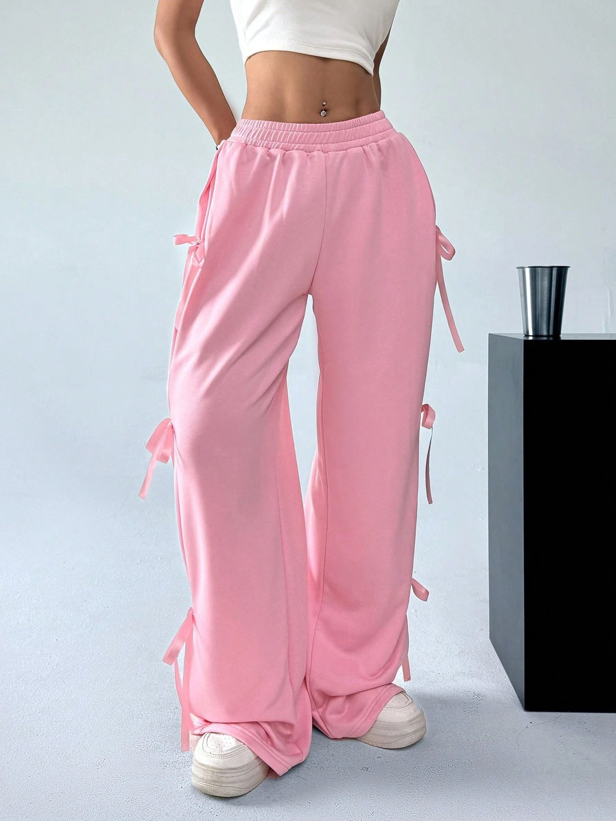 Ribbon Bow Wide Leg Sweatpants - Pink - 4