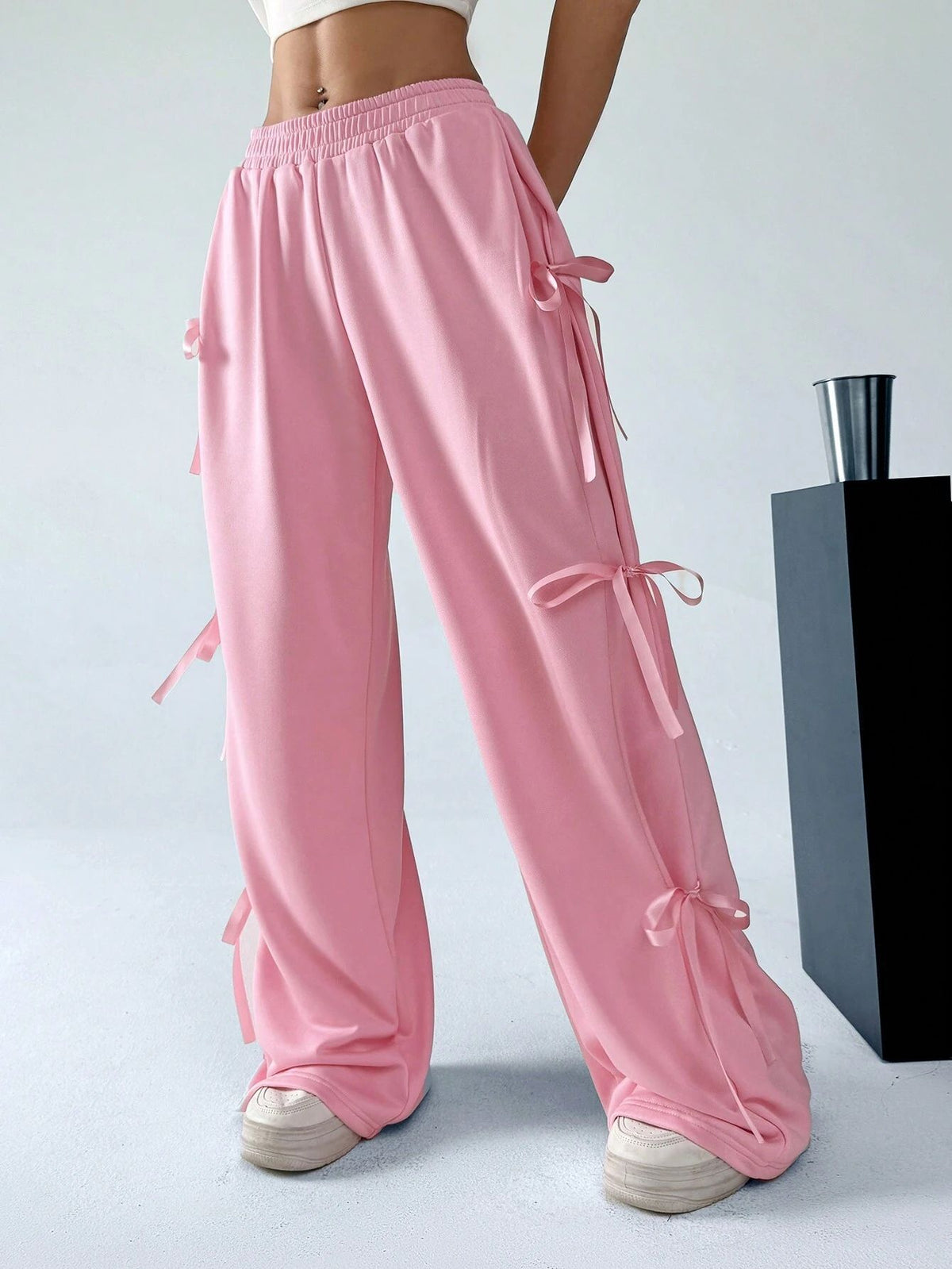 Ribbon Bow Wide Leg Sweatpants - Pink - 5