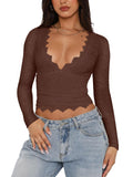 Scalloped Lace V Neck Long Sleeve Top - Coffee