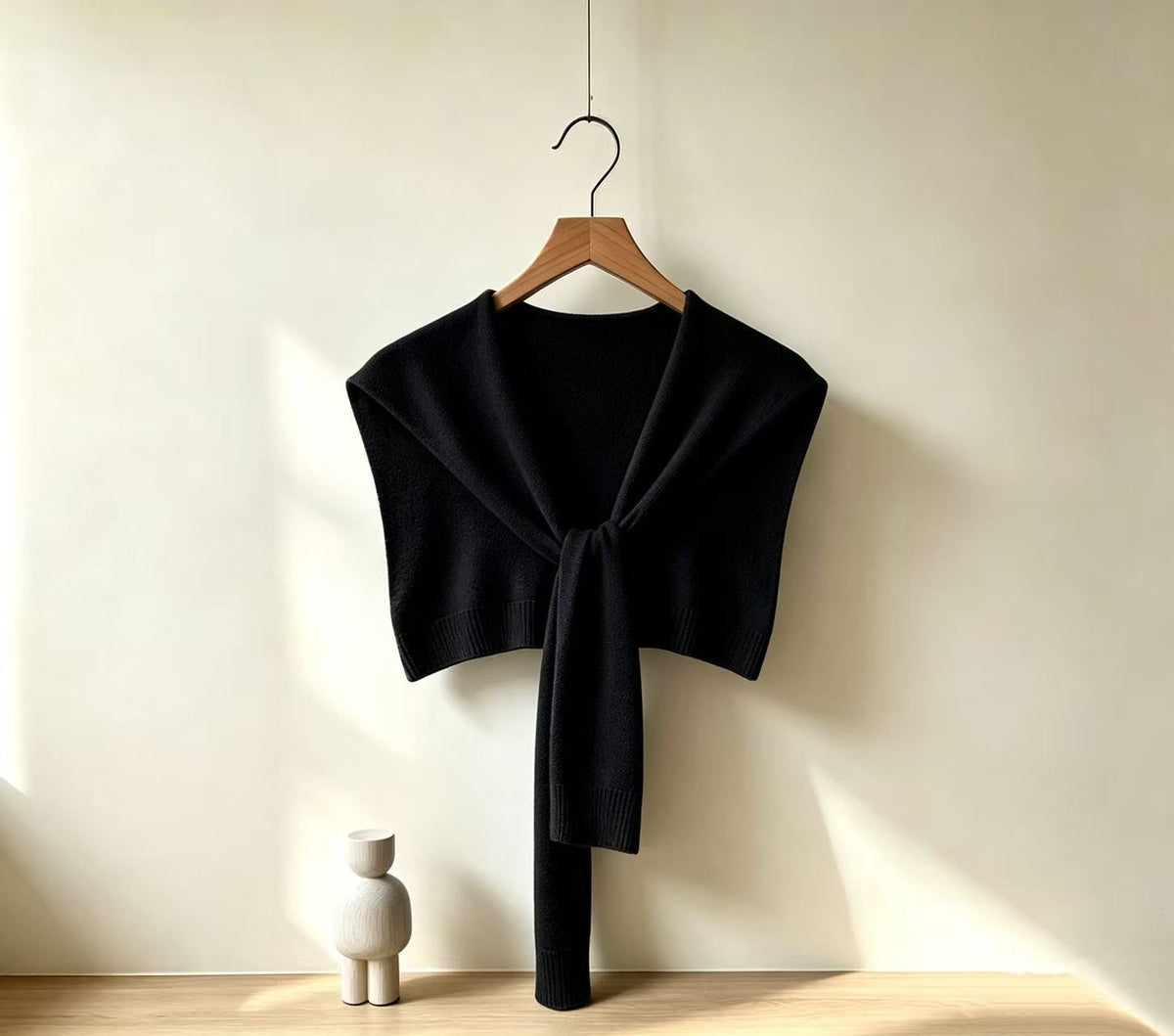 Soft Knit Tie Front Cropped Shoulder Wrap - Black