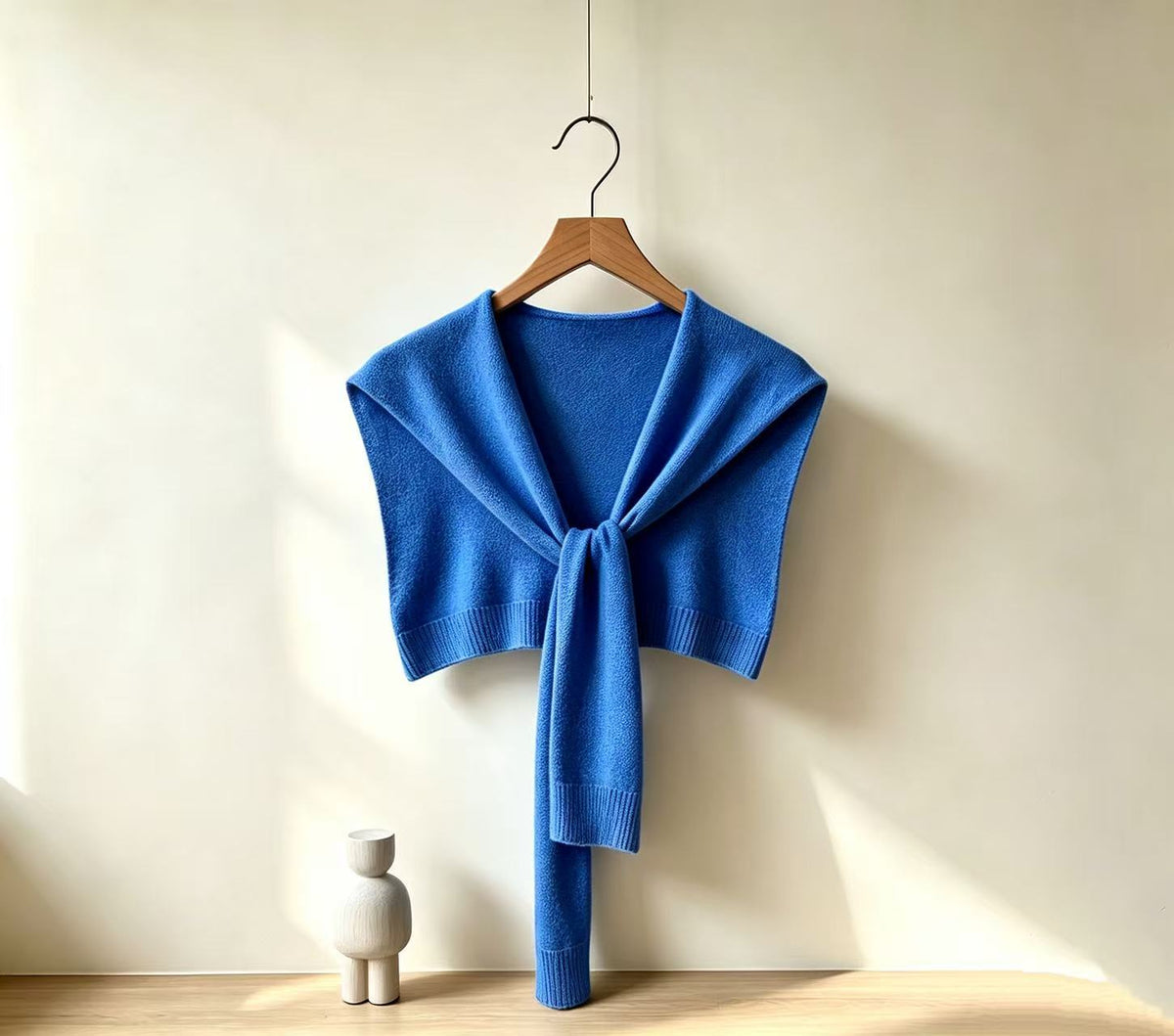 Soft Knit Tie Front Cropped Shoulder Wrap - Blue