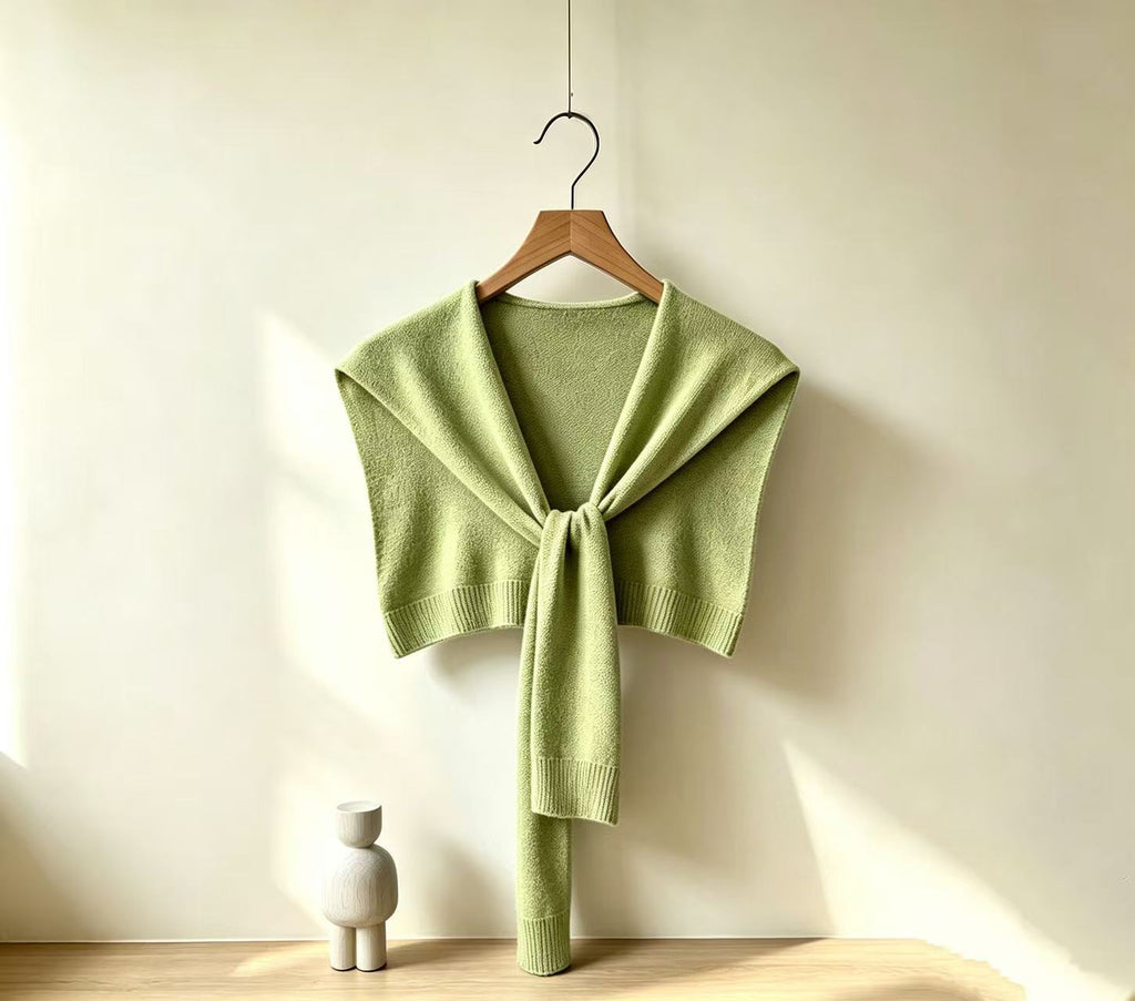 Soft Knit Tie Front Cropped Shoulder Wrap - Green