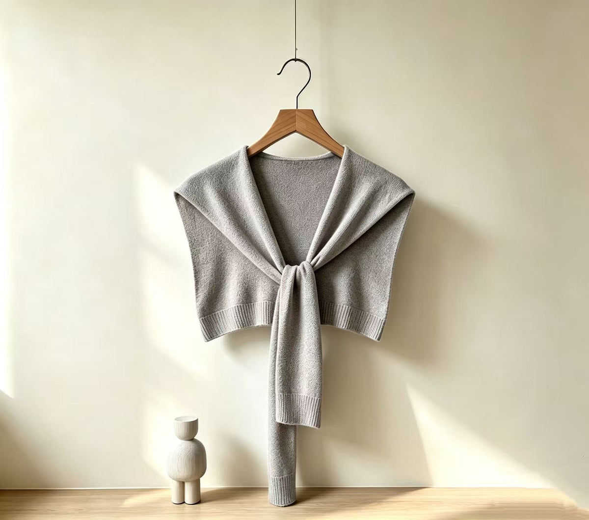 Soft Knit Tie Front Cropped Shoulder Wrap - Grey