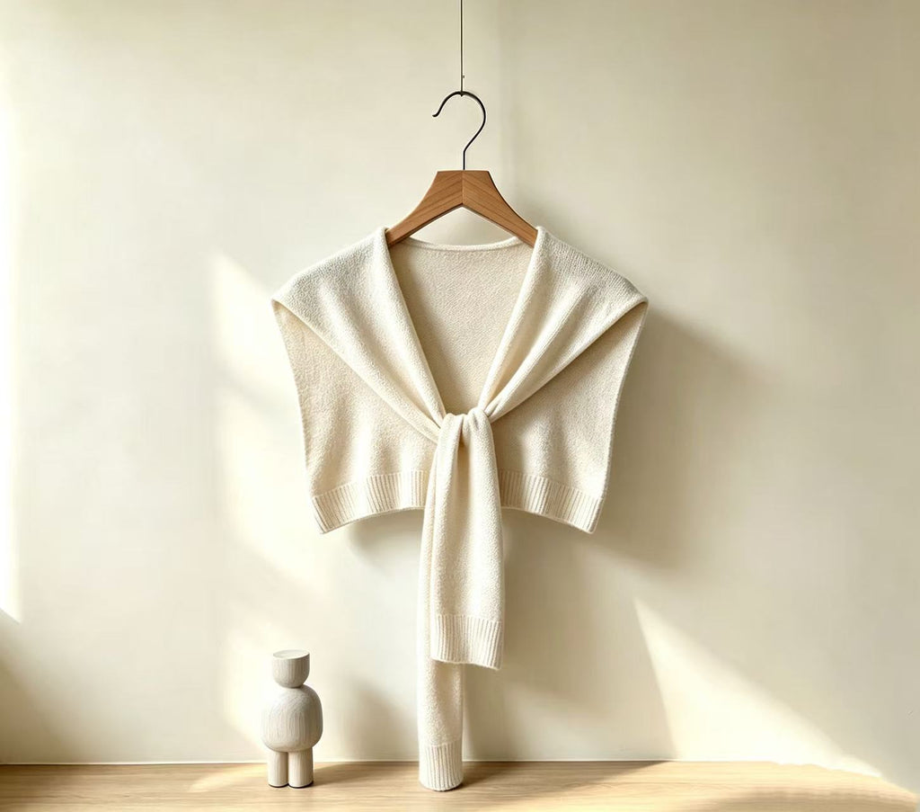 Soft Knit Tie Front Cropped Shoulder Wrap - Ivory