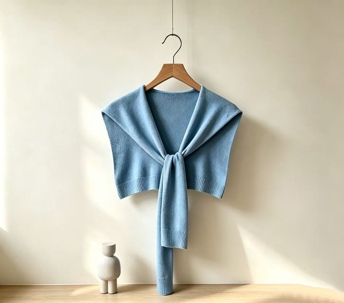 Soft Knit Tie Front Cropped Shoulder Wrap - SkyBlue