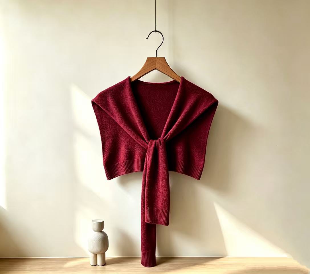 Soft Knit Tie Front Cropped Shoulder Wrap - WineRed