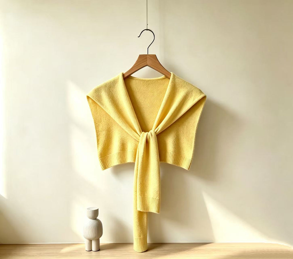 Soft Knit Tie Front Cropped Shoulder Wrap - Yellow