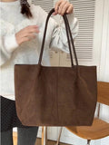 Oversized Faux Suede Tote Bag with Pouch - Brown