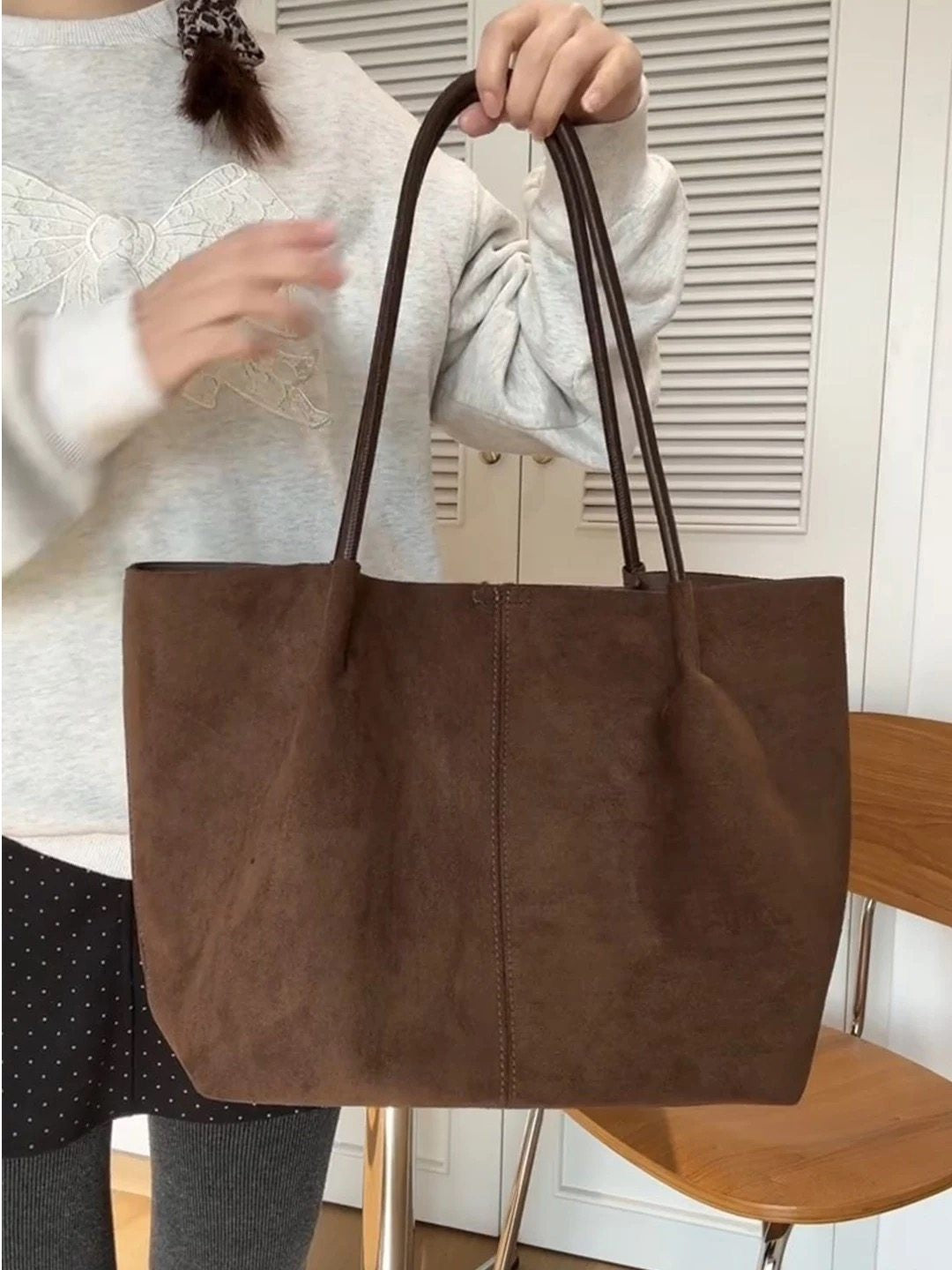 Oversized Faux Suede Tote Bag with Pouch