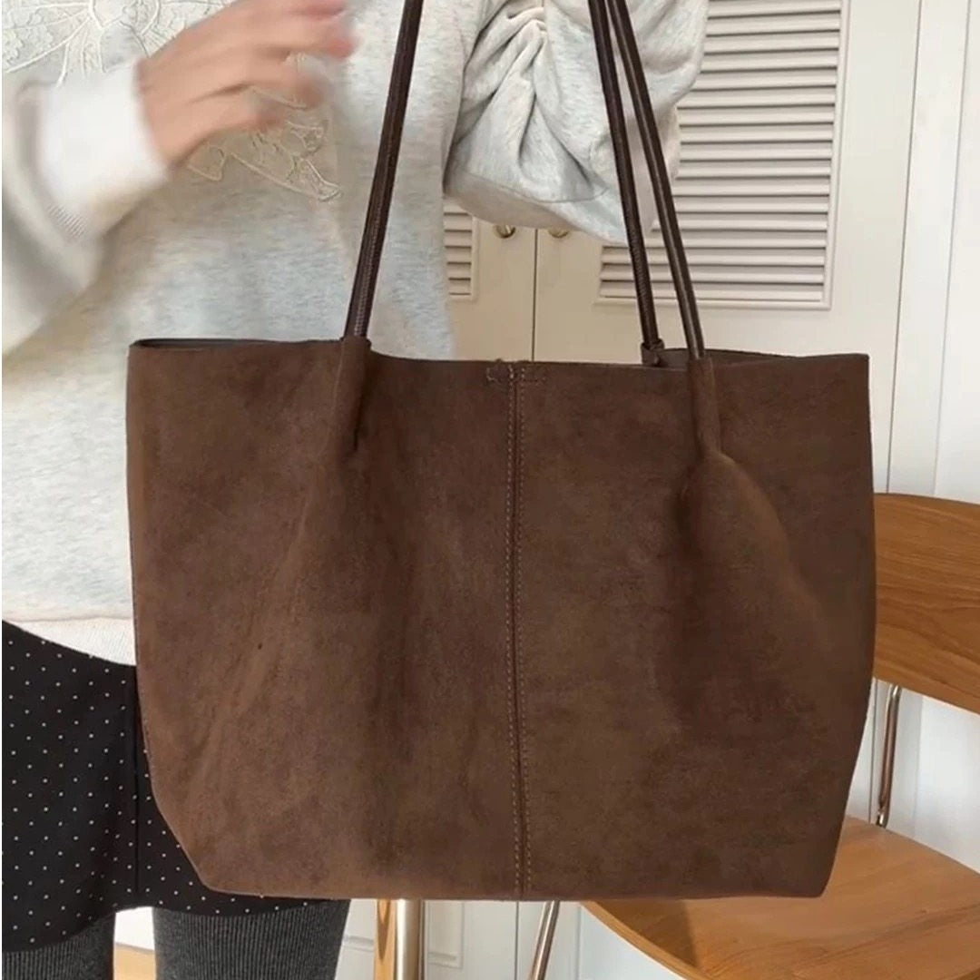Oversized Faux Suede Tote Bag with Pouch