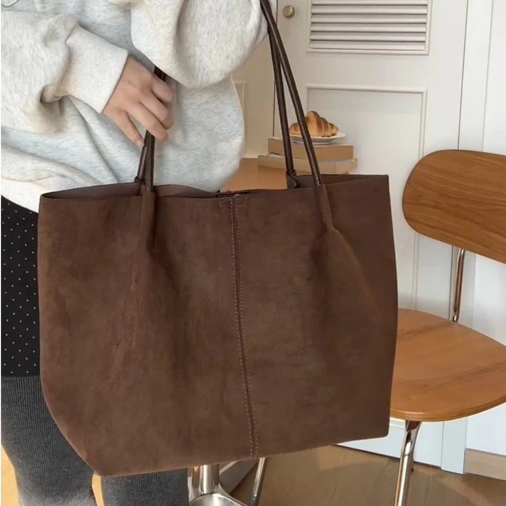 Oversized Faux Suede Tote Bag with Pouch