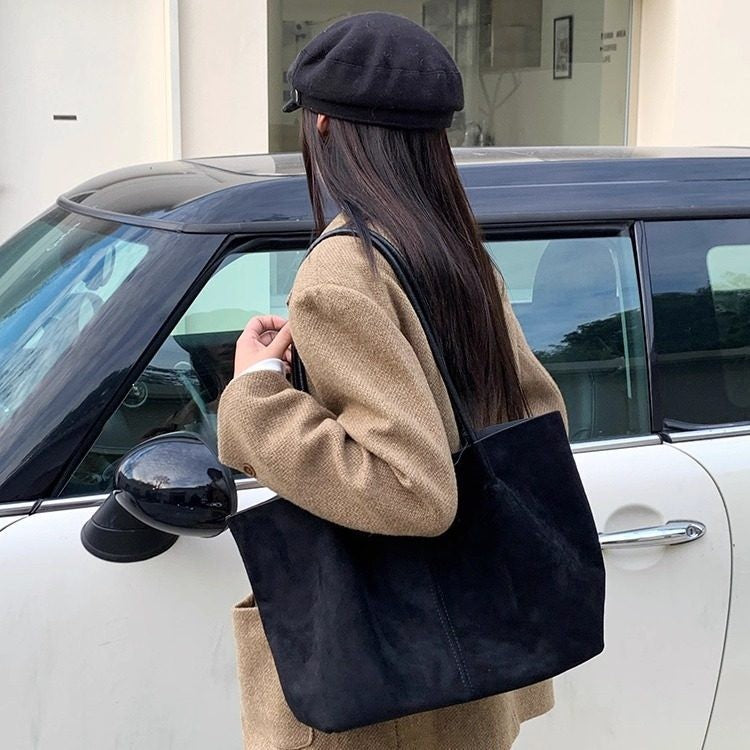 Oversized Faux Suede Tote Bag with Pouch