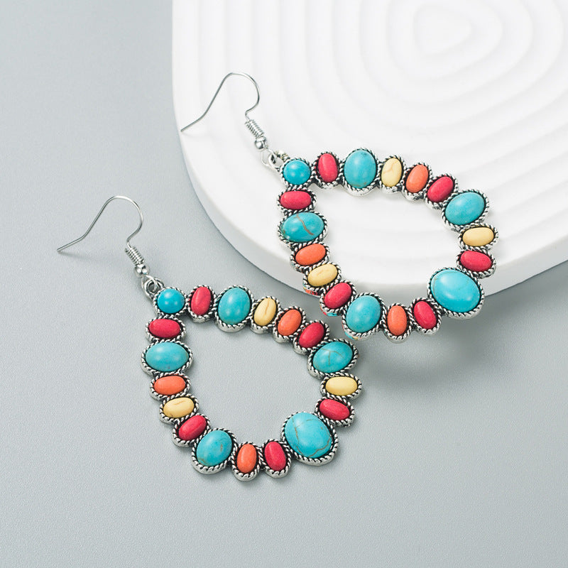Turquoise Teardrop Hoop Statement Earrings - Red