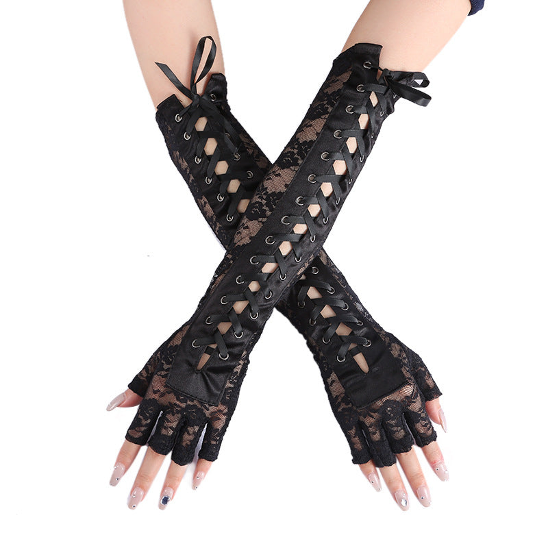 Corset Lace Up Fingerless Long Gloves - Black