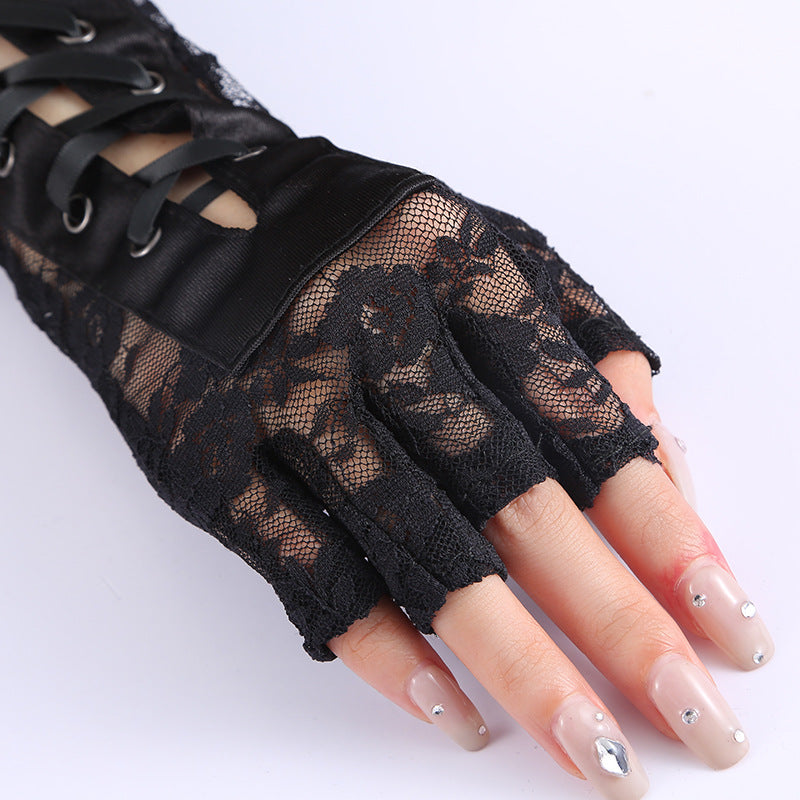 Corset Lace Up Fingerless Long Gloves - Black - 1