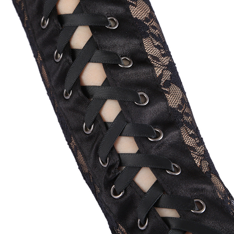 Corset Lace Up Fingerless Long Gloves - Black - 2
