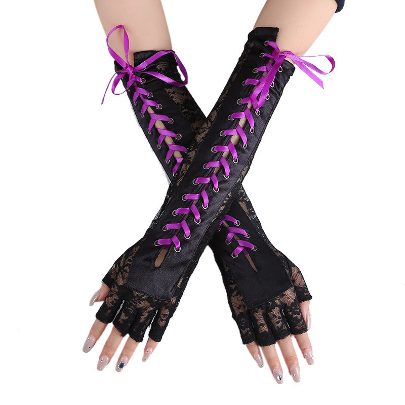 Corset Lace Up Fingerless Long Gloves - Purple
