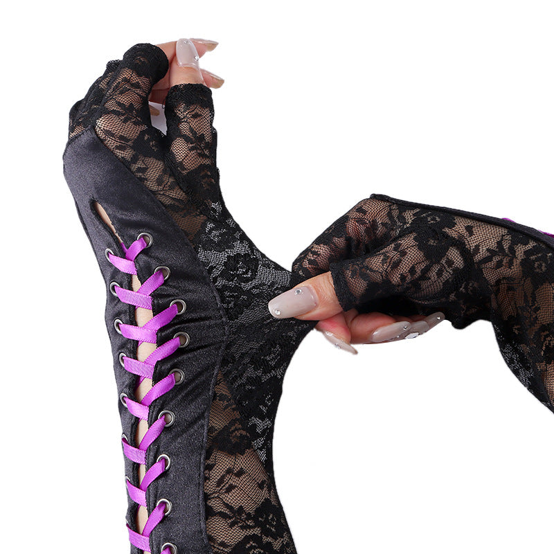 Corset Lace Up Fingerless Long Gloves - Purple - 1